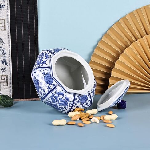 جرة زنجبيل منجم الذهب كبيرة الحجم مصنوعة يدويًا من XINGYAN مع سلسلة غطاء: بورسلين صيني فاخر باللونين الأزرق والأبيض، طراز سلالة مينغ وتشينغ، جرة تخزين ديكور منزلي مزخرفة (جرة غنية) in Kuwait