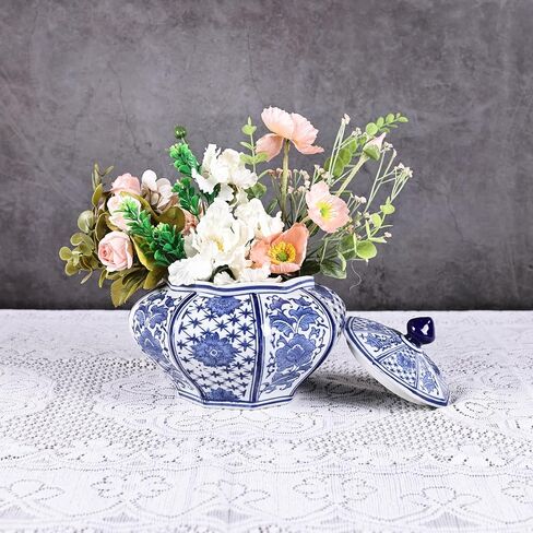 جرة زنجبيل منجم الذهب كبيرة الحجم مصنوعة يدويًا من XINGYAN مع سلسلة غطاء: بورسلين صيني فاخر باللونين الأزرق والأبيض، طراز سلالة مينغ وتشينغ، جرة تخزين ديكور منزلي مزخرفة (جرة غنية) in Kuwait