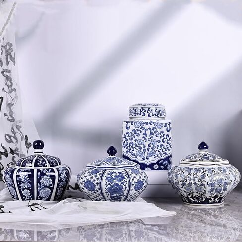 جرة زنجبيل منجم الذهب كبيرة الحجم مصنوعة يدويًا من XINGYAN مع سلسلة غطاء: بورسلين صيني فاخر باللونين الأزرق والأبيض، طراز سلالة مينغ وتشينغ، جرة تخزين ديكور منزلي مزخرفة (جرة غنية) in Kuwait