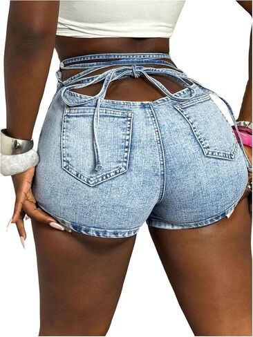 WDIRARA Women's Lace Up Back Mini Denim Shorts High Waisted Skinny Jean Shorts in Saudi Arabia