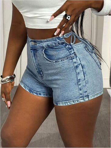 WDIRARA Women's Lace Up Back Mini Denim Shorts High Waisted Skinny Jean Shorts in Saudi Arabia
