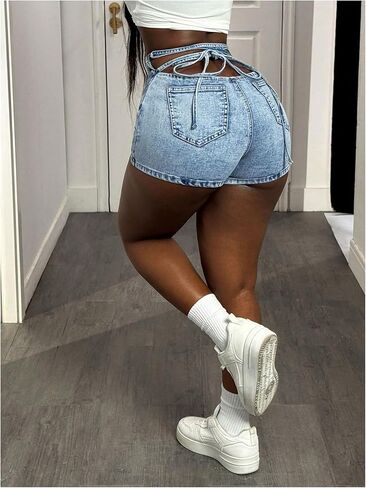 WDIRARA Women's Lace Up Back Mini Denim Shorts High Waisted Skinny Jean Shorts in Saudi Arabia