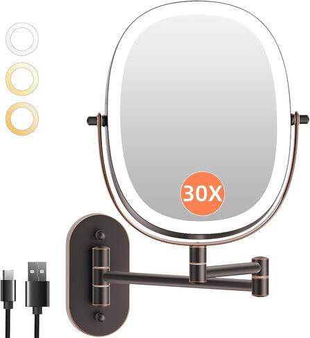 مرآة مكياج مضيئة مثبتة على الحائط من FUNTOUCH 30X/1X، مرآة مكبرة مزدوجة الجوانب قابلة لإعادة الشحن بقدرة 5000 مللي أمبير في الساعة، مرآة مضاءة للحمام، 3 أوضاع ألوان تعمل باللمس، ذراع ممتدة قابلة للتعتيم بدوران 360 درجة، فرشاة من النيكل in Kuwait