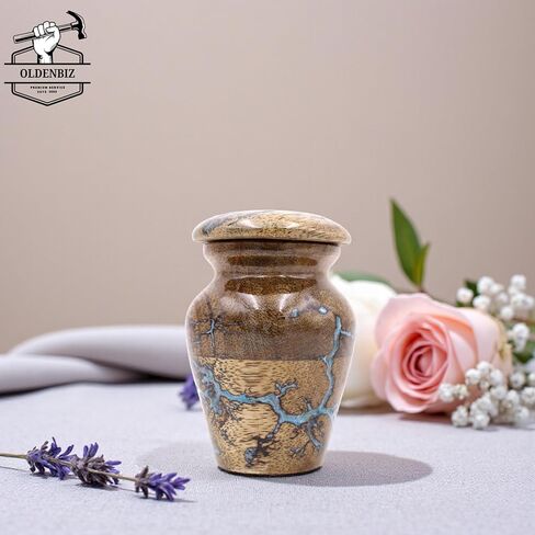 جرة حرق جثث خشبية مصنوعة يدويًا من الراتنج للرماد البشري - جرة تذكارية صغيرة للبالغين والحيوانات الأليفة - جرة خشبية تحولت يدويًا مع ترصيع إيبوكسي أزرق - جرة جنازة مزخرفة أنيقة من OLDENBIZ in Saudi Arabia