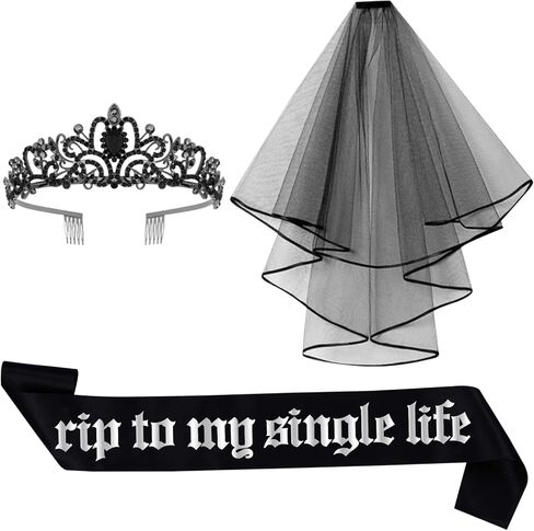 مجموعة إكسسوارات تزيين العزوبية من Rip to My Single Life وشاح العروس الأسود ووشاح التاج للمرأة ذات الطابع القوطي للعروس أو حفل الزفاف وحفلات الزفاف المفضلة in Saudi Arabia