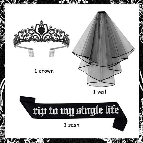 مجموعة إكسسوارات تزيين العزوبية من Rip to My Single Life وشاح العروس الأسود ووشاح التاج للمرأة ذات الطابع القوطي للعروس أو حفل الزفاف وحفلات الزفاف المفضلة in Saudi Arabia
