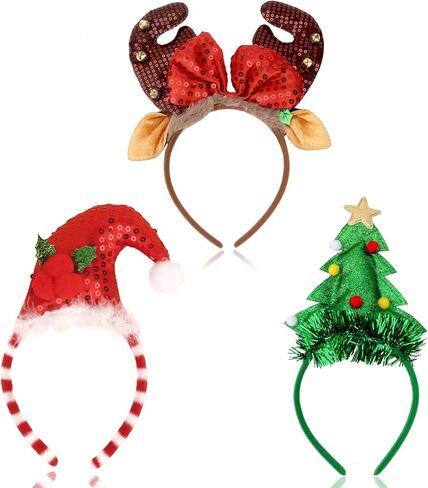 3Pcs Christmas Headbands for Adults & Kids Deer Antlers Headband Santa Hat Headband Christmas Tree Hat Hair Accessories for Women Holiday Party Decorations in Saudi Arabia