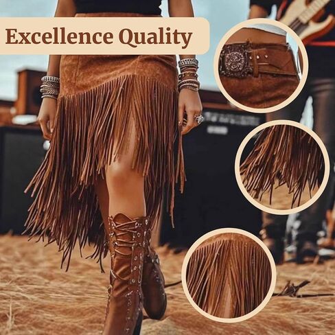 Women Fringe Skirts, Asymmetric Fringe Western Faux Suede Tassel Skirt Cowlgirl Short Skirts Boho Chic Bodycon Trim Skirt in Saudi Arabia
