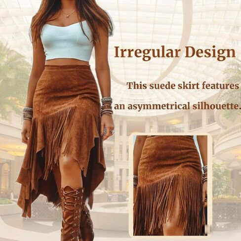 Women Fringe Skirts, Asymmetric Fringe Western Faux Suede Tassel Skirt Cowlgirl Short Skirts Boho Chic Bodycon Trim Skirt in Saudi Arabia