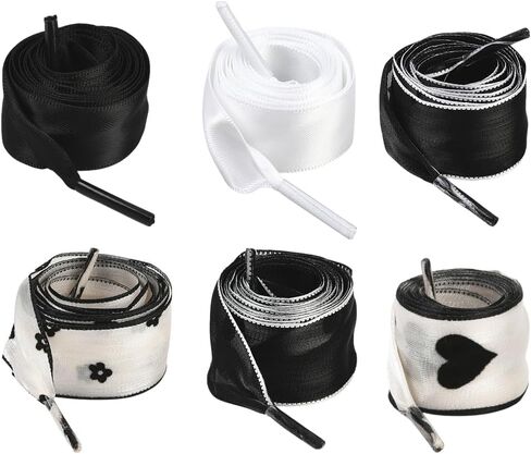 1 Box Silk Shoe Laces Bulk Black Silk Shoestring White Cute Heart Dot Ballet Themed Soft Casual Flat Elegant Polyester Shoelaces Ribbon Shoe Strings for Women Sneaker Skate Boots Accessories in Saudi Arabia