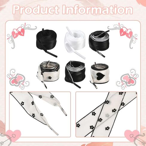 1 Box Silk Shoe Laces Bulk Black Silk Shoestring White Cute Heart Dot Ballet Themed Soft Casual Flat Elegant Polyester Shoelaces Ribbon Shoe Strings for Women Sneaker Skate Boots Accessories in Saudi Arabia