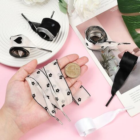 1 Box Silk Shoe Laces Bulk Black Silk Shoestring White Cute Heart Dot Ballet Themed Soft Casual Flat Elegant Polyester Shoelaces Ribbon Shoe Strings for Women Sneaker Skate Boots Accessories in Saudi Arabia