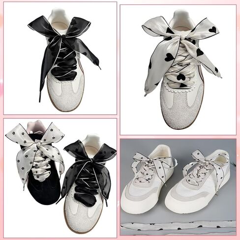 1 Box Silk Shoe Laces Bulk Black Silk Shoestring White Cute Heart Dot Ballet Themed Soft Casual Flat Elegant Polyester Shoelaces Ribbon Shoe Strings for Women Sneaker Skate Boots Accessories in Saudi Arabia