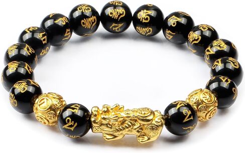 Feng Shui Obsidian bracelet, 24K Gold Plated Pixiu and Six Syllable Mantra of Buddhism brings Fortune and Good Luck, Healing and Protection bracelet, Elastic bracelet for Women and Men in Saudi Arabia