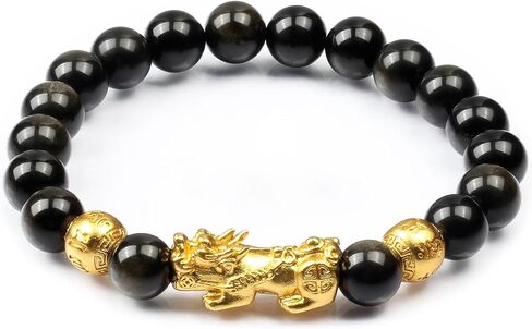 Feng Shui Obsidian bracelet, 24K Gold Plated Pixiu and Six Syllable Mantra of Buddhism brings Fortune and Good Luck, Healing and Protection bracelet, Elastic bracelet for Women and Men in Saudi Arabia