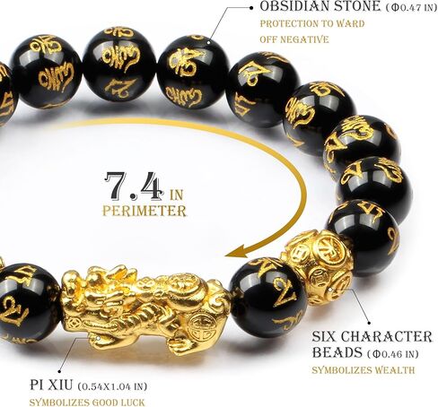 Feng Shui Obsidian bracelet, 24K Gold Plated Pixiu and Six Syllable Mantra of Buddhism brings Fortune and Good Luck, Healing and Protection bracelet, Elastic bracelet for Women and Men in Saudi Arabia