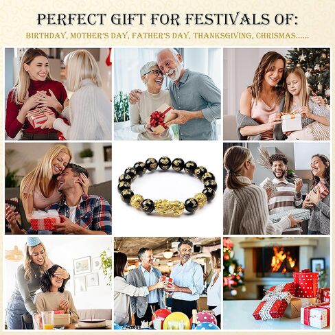 Feng Shui Obsidian bracelet, 24K Gold Plated Pixiu and Six Syllable Mantra of Buddhism brings Fortune and Good Luck, Healing and Protection bracelet, Elastic bracelet for Women and Men in Saudi Arabia