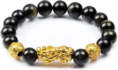 Feng Shui Obsidian bracelet, 24K Gold Plated Pixiu and Six Syllable Mantra of Buddhism brings Fortune and Good Luck, Healing and Protection bracelet, Elastic bracelet for Women and Men in Saudi Arabia