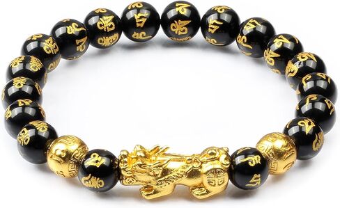 سوار Feng Shui Obsidian، Pixiu مطلي بالذهب 24 قيراط وشعار البوذية المكون من ستة مقاطع يجلب الحظ والحظ السعيد، سوار الشفاء والحماية، سوار مرن للنساء والرجال in Kuwait
