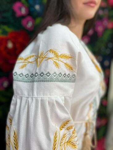 Ukrainian Linen Vyshyvanka Blouse | Golden Wheat Embroidery | Boho Folk Shirt XS–4XL in Saudi Arabia