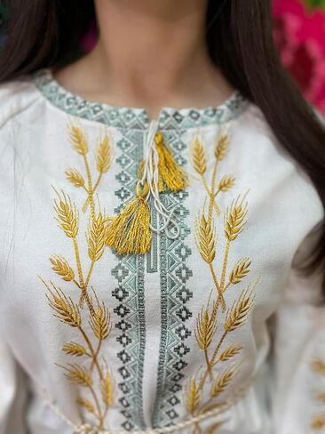 Ukrainian Linen Vyshyvanka Blouse | Golden Wheat Embroidery | Boho Folk Shirt XS–4XL in Saudi Arabia