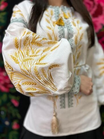 Ukrainian Linen Vyshyvanka Blouse | Golden Wheat Embroidery | Boho Folk Shirt XS–4XL in Saudi Arabia
