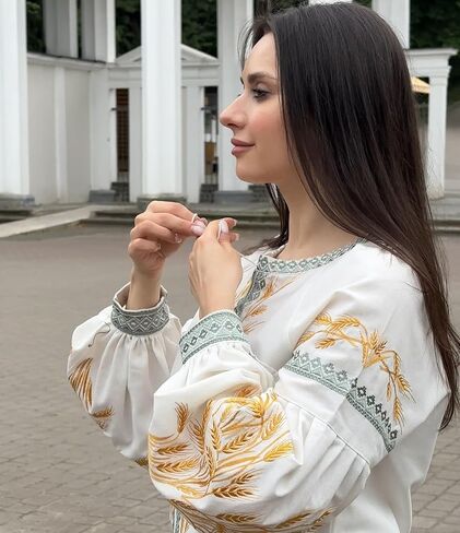 Ukrainian Linen Vyshyvanka Blouse | Golden Wheat Embroidery | Boho Folk Shirt XS–4XL in Saudi Arabia