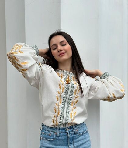 Ukrainian Linen Vyshyvanka Blouse | Golden Wheat Embroidery | Boho Folk Shirt XS–4XL in Saudi Arabia