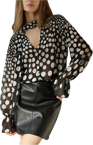 WDIRARA Women's Polka Dots Button Down Sheer Shirts Long Flounce Sleeve Blouse Chiffon Scarf Top in Saudi Arabia