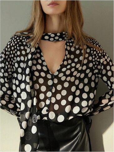 WDIRARA Women's Polka Dots Button Down Sheer Shirts Long Flounce Sleeve Blouse Chiffon Scarf Top in Saudi Arabia