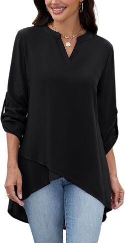 CiCiBird Womens Dressy Casual Tops 3/4 Rolled Sleeve Chiffon Blouse Work Asymmetrical Blouses in Saudi Arabia