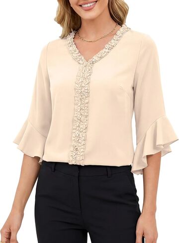 Blooming Jelly Womens Dressy Casual Blouses 3/4 Length Bell Sleeve V Neck Ruffle Tops Trendy Summer Business Work Shirt in Saudi Arabia