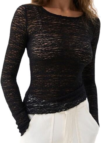 Women Sheer Lace Long Sleeve Tops Floral Lace See Through Layering Top Sexy Sheer Mesh Slim Fit Blouse in Saudi Arabia