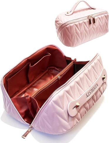 Travel Makeup Bag for Women, Large Capacity Cosmetic Bags for Girls, Compact Pouch Make up Organizer, Waterproof Toiletry Bag with Divider and Handle (Pink) in Saudi Arabia