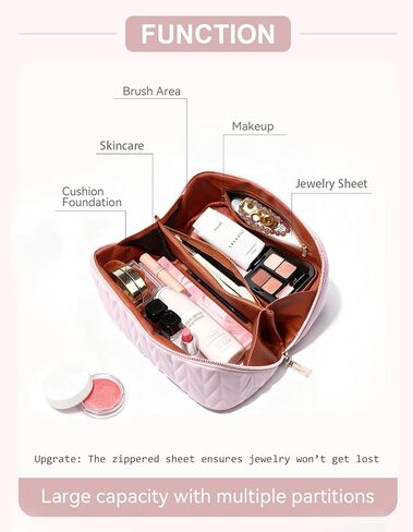 Travel Makeup Bag for Women, Large Capacity Cosmetic Bags for Girls, Compact Pouch Make up Organizer, Waterproof Toiletry Bag with Divider and Handle (Pink) in Saudi Arabia