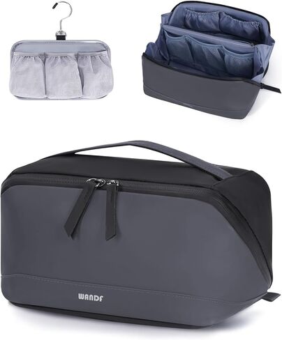 WANDF Toiletry Bag for Men, PU Leather Travel Organizer with Detachable Waterproof Hanging Pouch, Open-Flat Dopp Kit Shaving Bag with Wet Pocket for Travel Toiletries Accessories (Black) in Saudi Arabia