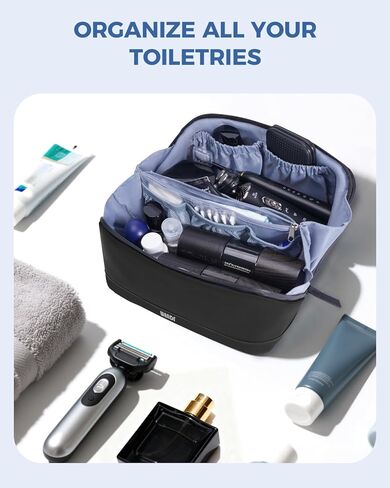 WANDF Toiletry Bag for Men, PU Leather Travel Organizer with Detachable Waterproof Hanging Pouch, Open-Flat Dopp Kit Shaving Bag with Wet Pocket for Travel Toiletries Accessories (Black) in Saudi Arabia