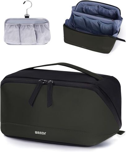 WANDF Toiletry Bag for Men, PU Leather Travel Organizer with Detachable Waterproof Hanging Pouch, Open-Flat Dopp Kit Shaving Bag with Wet Pocket for Travel Toiletries Accessories (Black) in Saudi Arabia