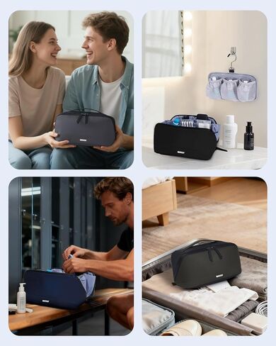 WANDF Toiletry Bag for Men, PU Leather Travel Organizer with Detachable Waterproof Hanging Pouch, Open-Flat Dopp Kit Shaving Bag with Wet Pocket for Travel Toiletries Accessories (Black) in Saudi Arabia