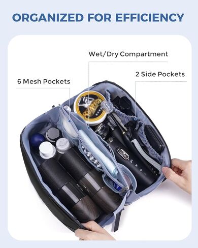 WANDF Toiletry Bag for Men, PU Leather Travel Organizer with Detachable Waterproof Hanging Pouch, Open-Flat Dopp Kit Shaving Bag with Wet Pocket for Travel Toiletries Accessories (Black) in Saudi Arabia