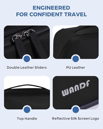 WANDF Toiletry Bag for Men, PU Leather Travel Organizer with Detachable Waterproof Hanging Pouch, Open-Flat Dopp Kit Shaving Bag with Wet Pocket for Travel Toiletries Accessories (Black) in Saudi Arabia