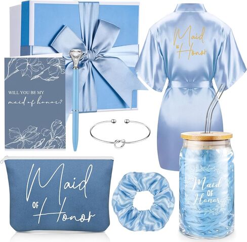 Irenare 8 Pcs Proposal Gifts Set Robes Makeup Bag Cup Cards Hair Tie Bracelet Diamond Pen Bridesmaid Gift Box(Champagne,Maid of Honor) in Saudi Arabia