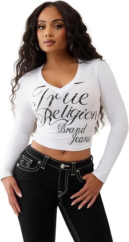 True Religion Women's Crystal Branded Logo V-Neck Baby Tee – Long Sleeve T-Shirt in Saudi Arabia
