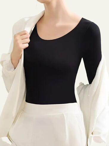 Women's Solid Thermal Underwear Long Sleeve Shirt, Ultra-Thin Seamless Base Layer Top for Fall & Winter in Saudi Arabia