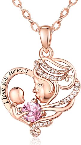 Rose Gold Necklace for Women Mom, Mother Son Forever Love Heart Birthstone Pendant Necklace Jewelry, Mothers Day Birthday Gifts for Grandma Wife in Saudi Arabia