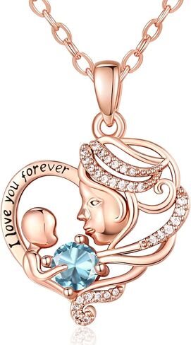 Rose Gold Necklace for Women Mom, Mother Son Forever Love Heart Birthstone Pendant Necklace Jewelry, Mothers Day Birthday Gifts for Grandma Wife in Saudi Arabia