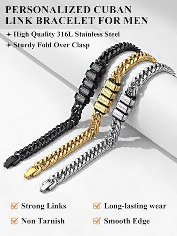 Custom4U سوار الارتباط الكوبي المخصص للرجال، الفولاذ المقاوم للصدأ/مطلي بالذهب عيار 18 قيراط/أسود 1-8 أسماء منقوشة حسب الطلب سوار سلسلة اسم للرجال هدايا مجوهرات للرجل والأب والزوج والأب in Kuwait