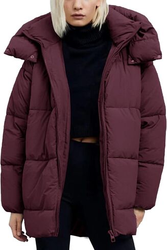 Flygo Womens Hooded Quilted Puffer Jacket Mid-Length Padded Warm Winter Heavyweight Coat Outerwear(Burgundy-S New) in Saudi Arabia