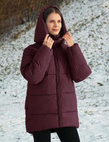 Flygo Womens Hooded Quilted Puffer Jacket Mid-Length Padded Warm Winter Heavyweight Coat Outerwear(Burgundy-S New) in Saudi Arabia