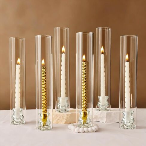 Hurricane Glass Candle Holder Set of 12 with Clear Taper Candle Holders Base - 14" Tall Clear Glass Taper Candlestick Holders Windproof for Wedding Table Centerpiece Home Decor in Saudi Arabia